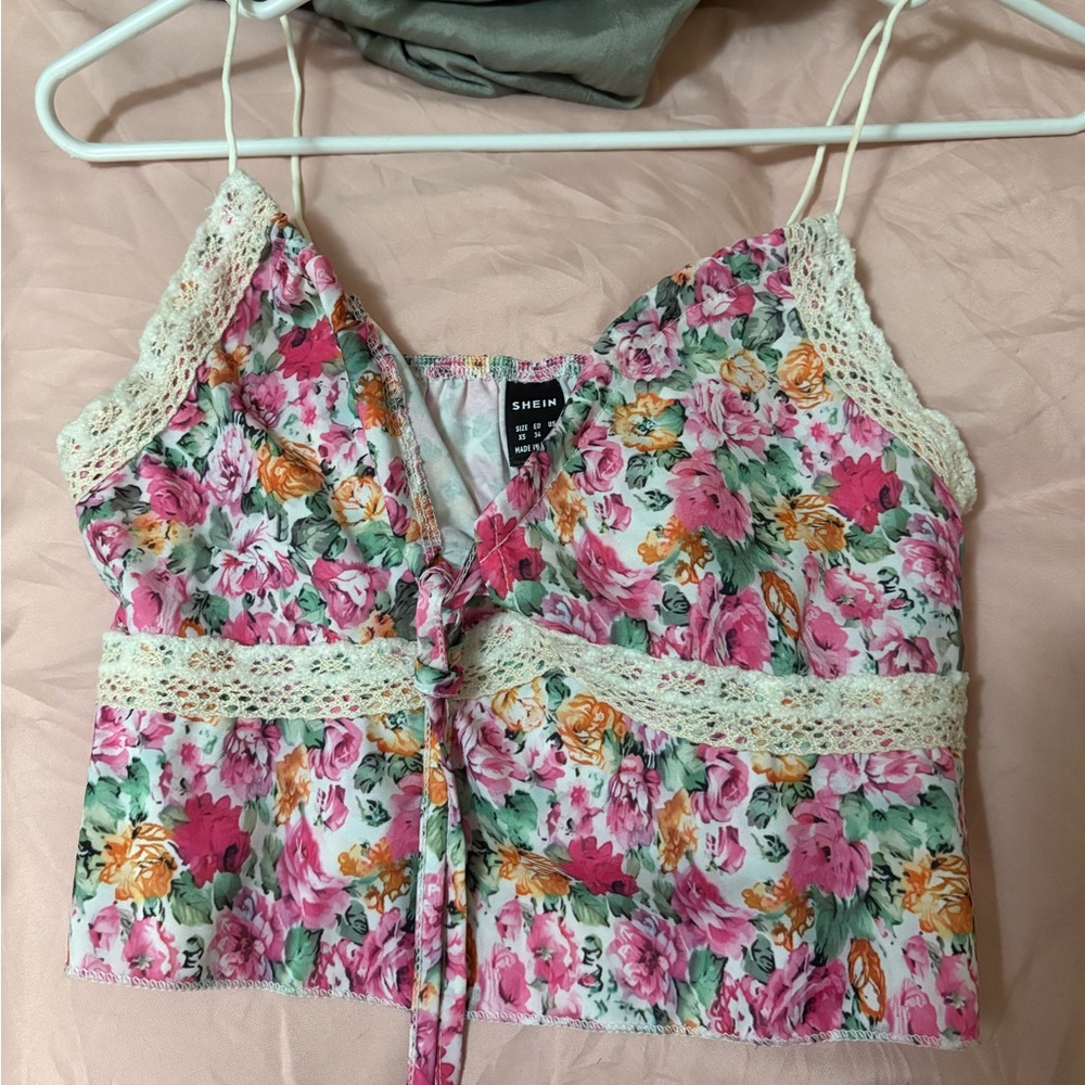 SHEIN Pink and Green Floral Lace Crop Cami